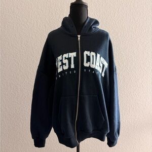 Stradivarius West Coast Navy Blue Zip-Up Hoodie Casual Streetwear Athleisure